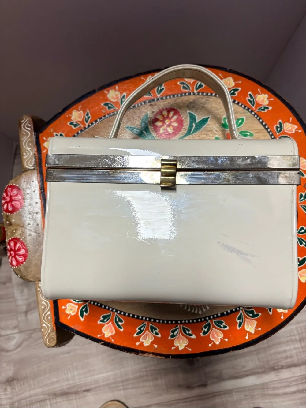 Classic Cream Box Handbag with Gold Trim